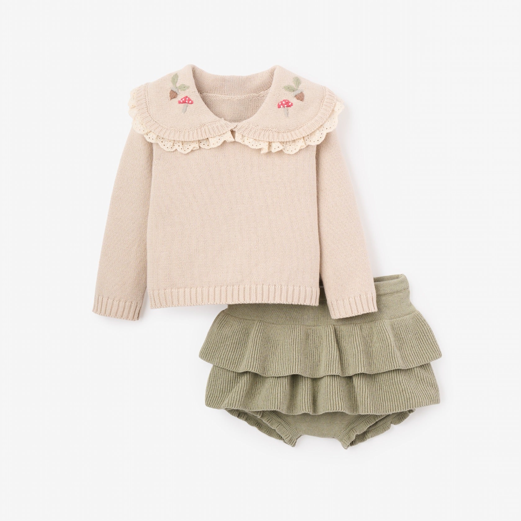 Girls | Embroidered Collar Sweater + Skirt Set | Sage