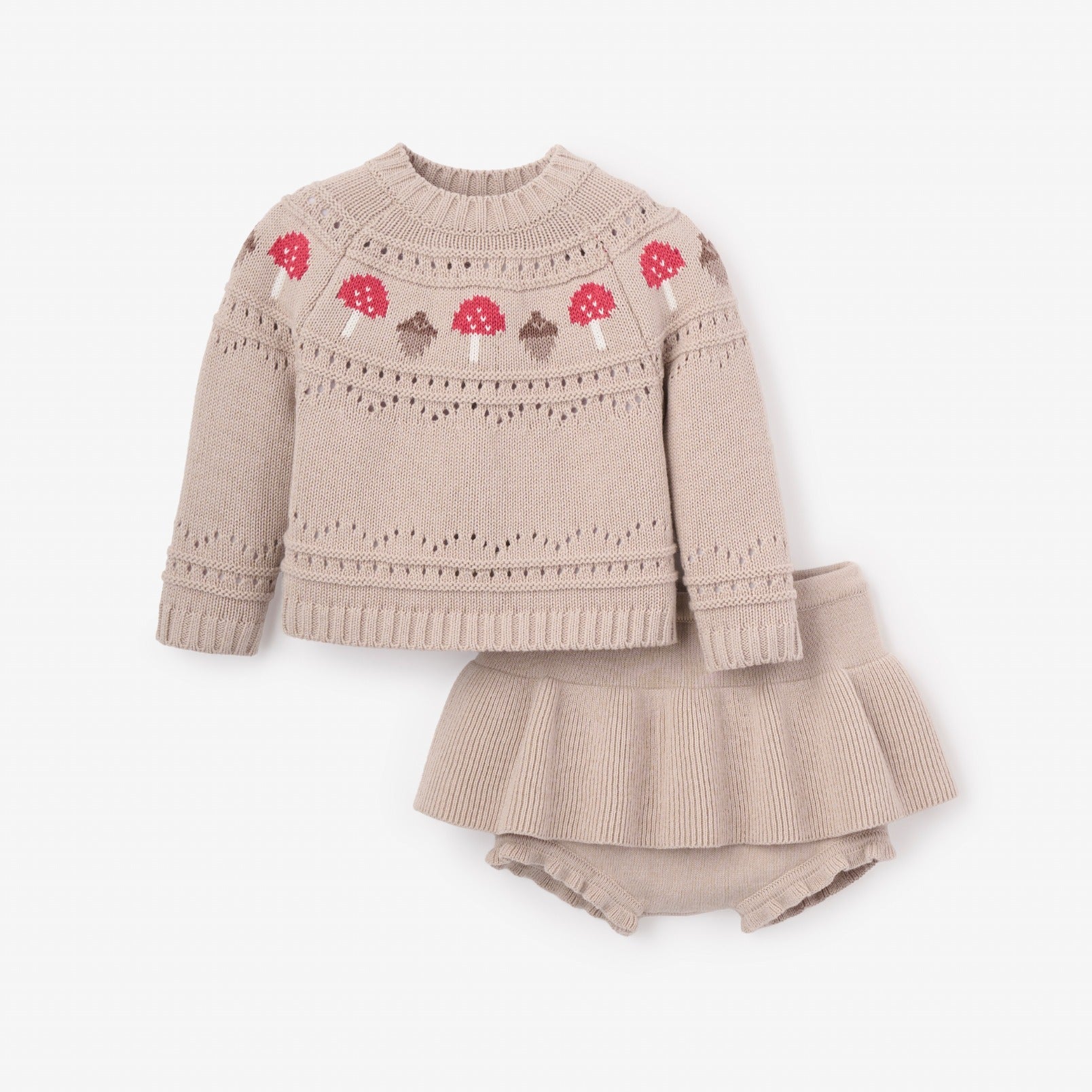 Girls | Mushroom Fairisle Knit Sweater + Skirt Set | Taupe