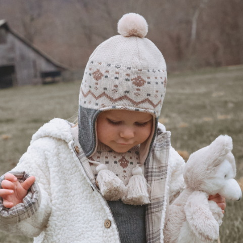 Unisex | Acorn Fairisle Aviator Knit Baby Hat | Dark Gray