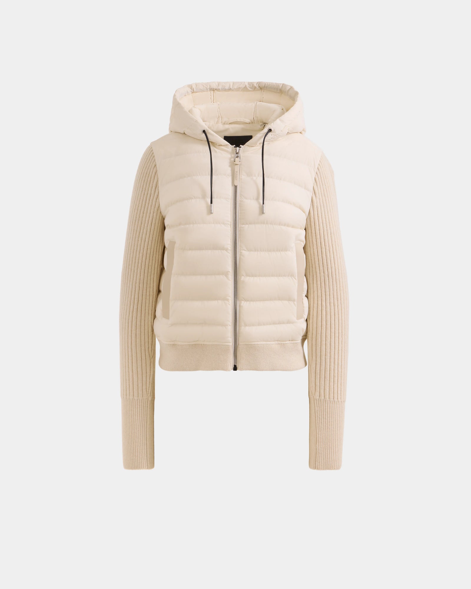 The EMILY - L125515 Vanilla by Rudsak is a beige women’s mixed-media hooded down bomber with quilted panels, ribbed knit sleeves, front zipper, and two side pockets, shown on a plain white background.