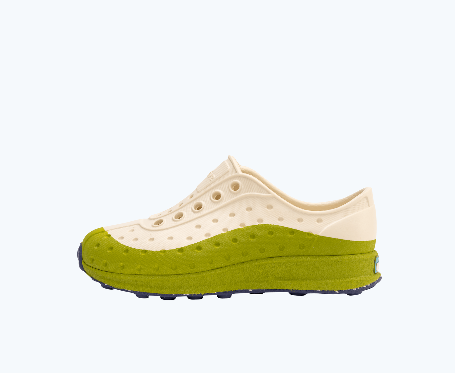 Side view of a Native Shoes Kids Robbie Roam Kids | Bone White/ Seaweed Green/ Ink Speckle Rubber Footwear