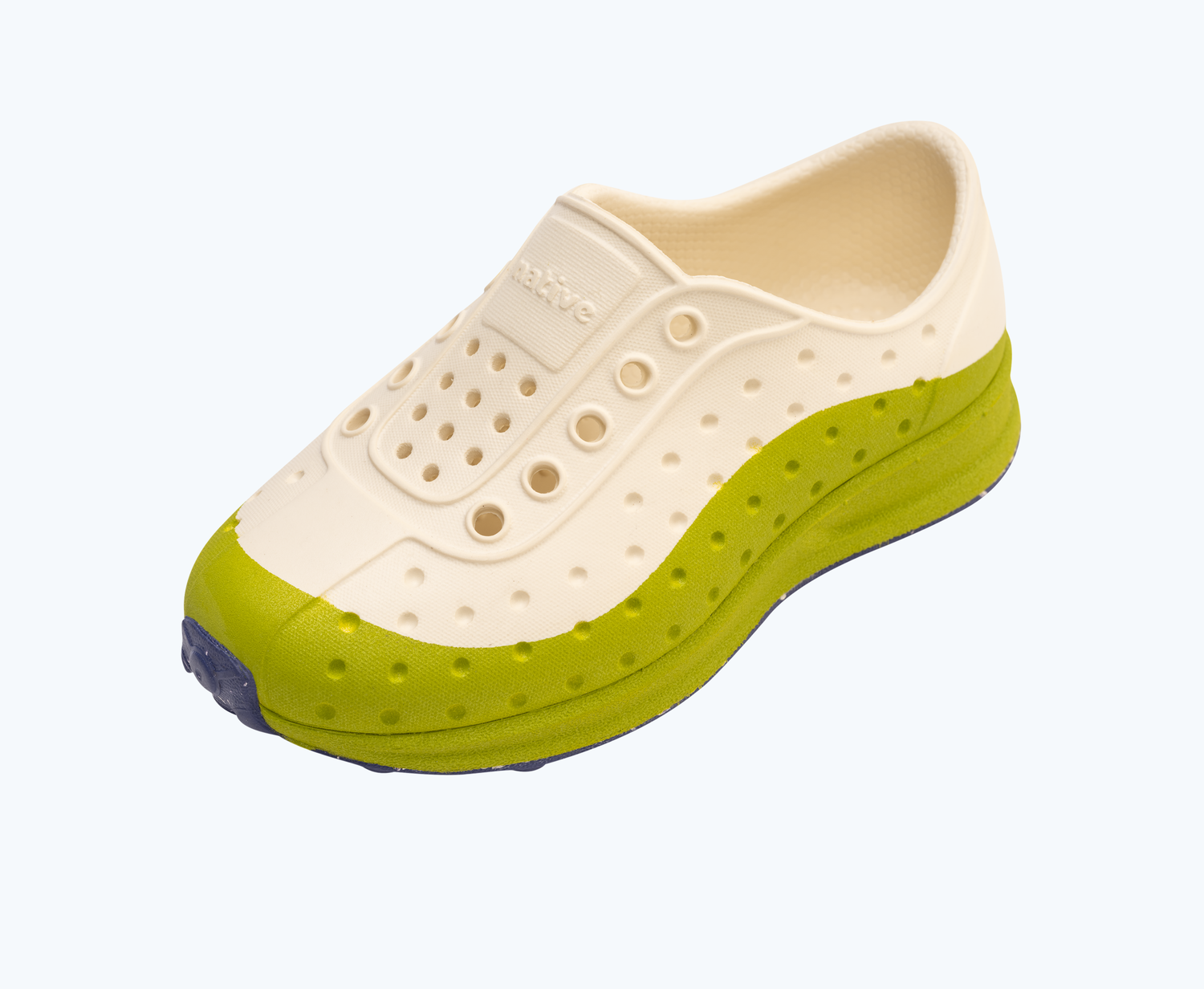 Angled view of a Native Shoes Kids Robbie Roam Kids | Bone White/ Seaweed Green/ Ink Speckle Rubber Footwear