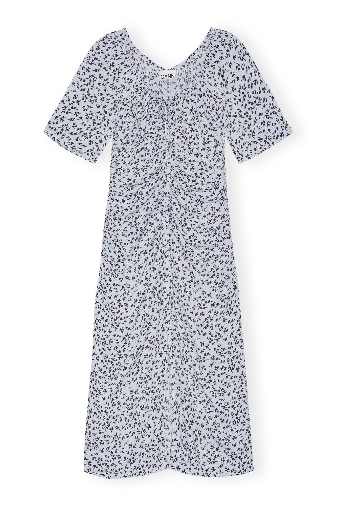 Printed Crepe Gathered U-neck Midi Dress | Heather