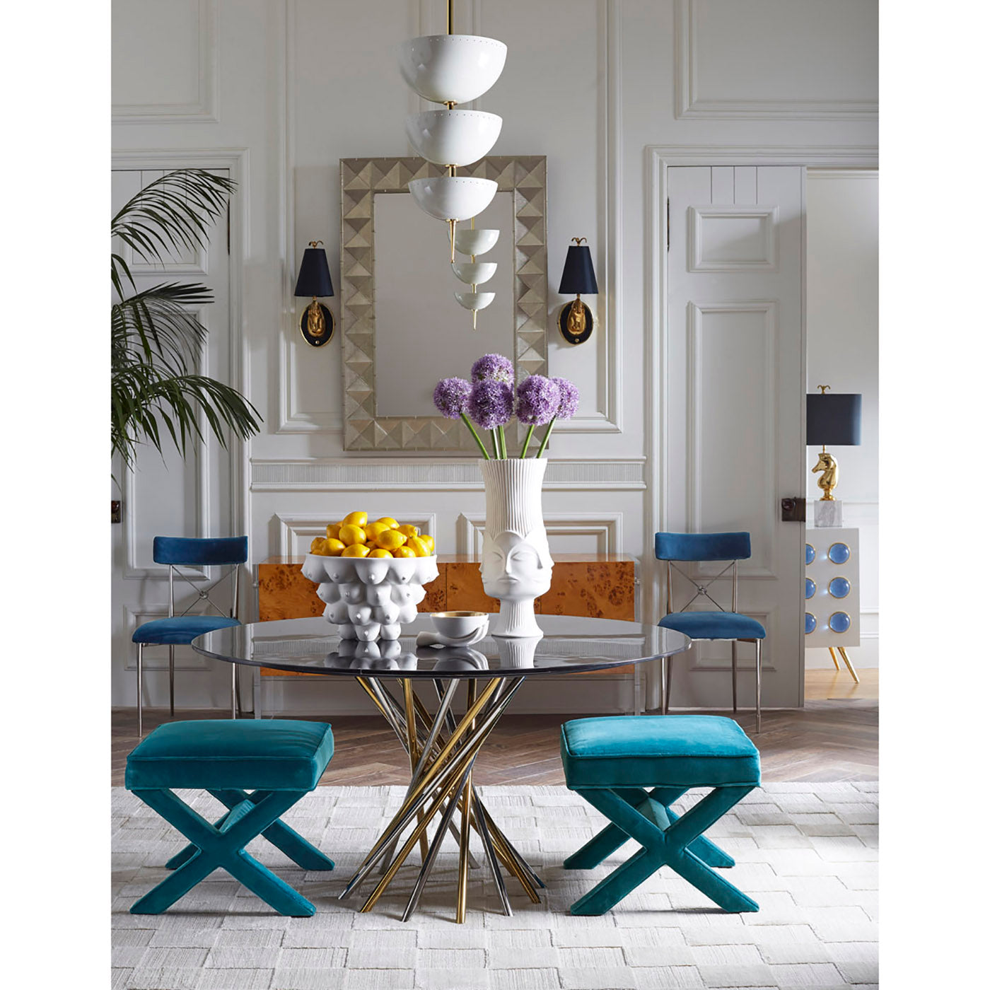 georgia centerpiece bowl with lemons electrum dining table x-benches - styled view