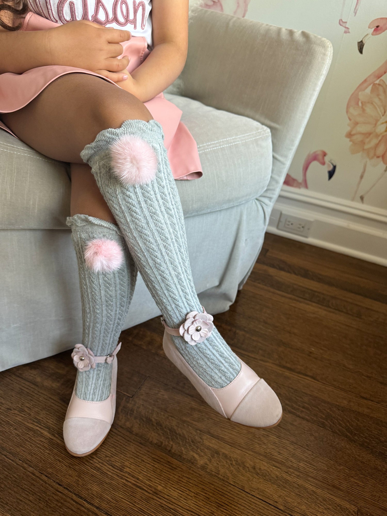 Grey Knee High Socks with Poms  | Grey