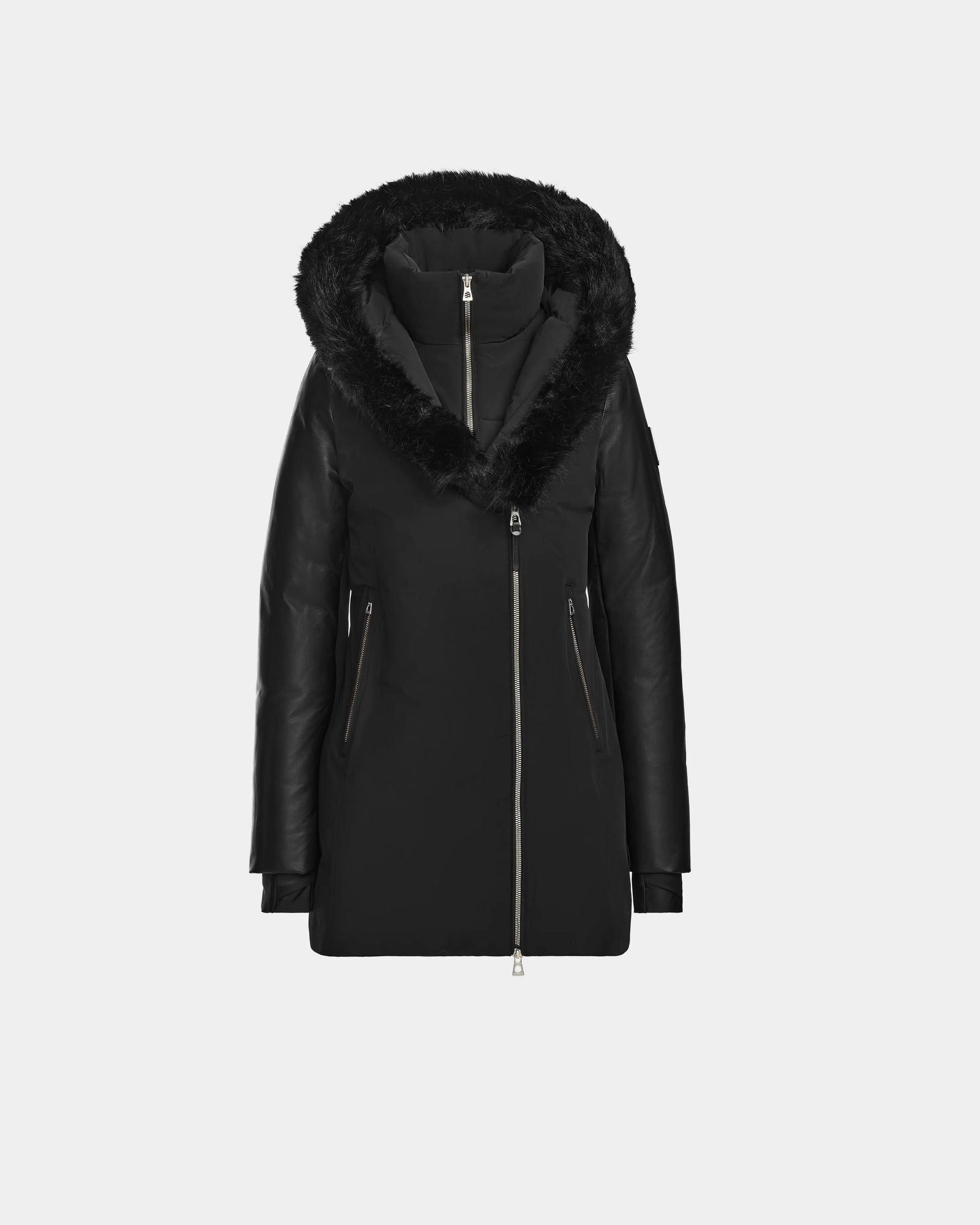 The Rudsak AURELLE - L124538 Black is a women’s down parka with vegan leather sleeves, a fur-lined hood, zip front, and two zippered pockets, shown on a plain light gray background for ultimate winter protection.