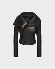 The AVRIL - 8124561 Black womens leather jacket by Rudsak features a wide asymmetrical lapel and fitted sleeves, showcased on a plain white background.