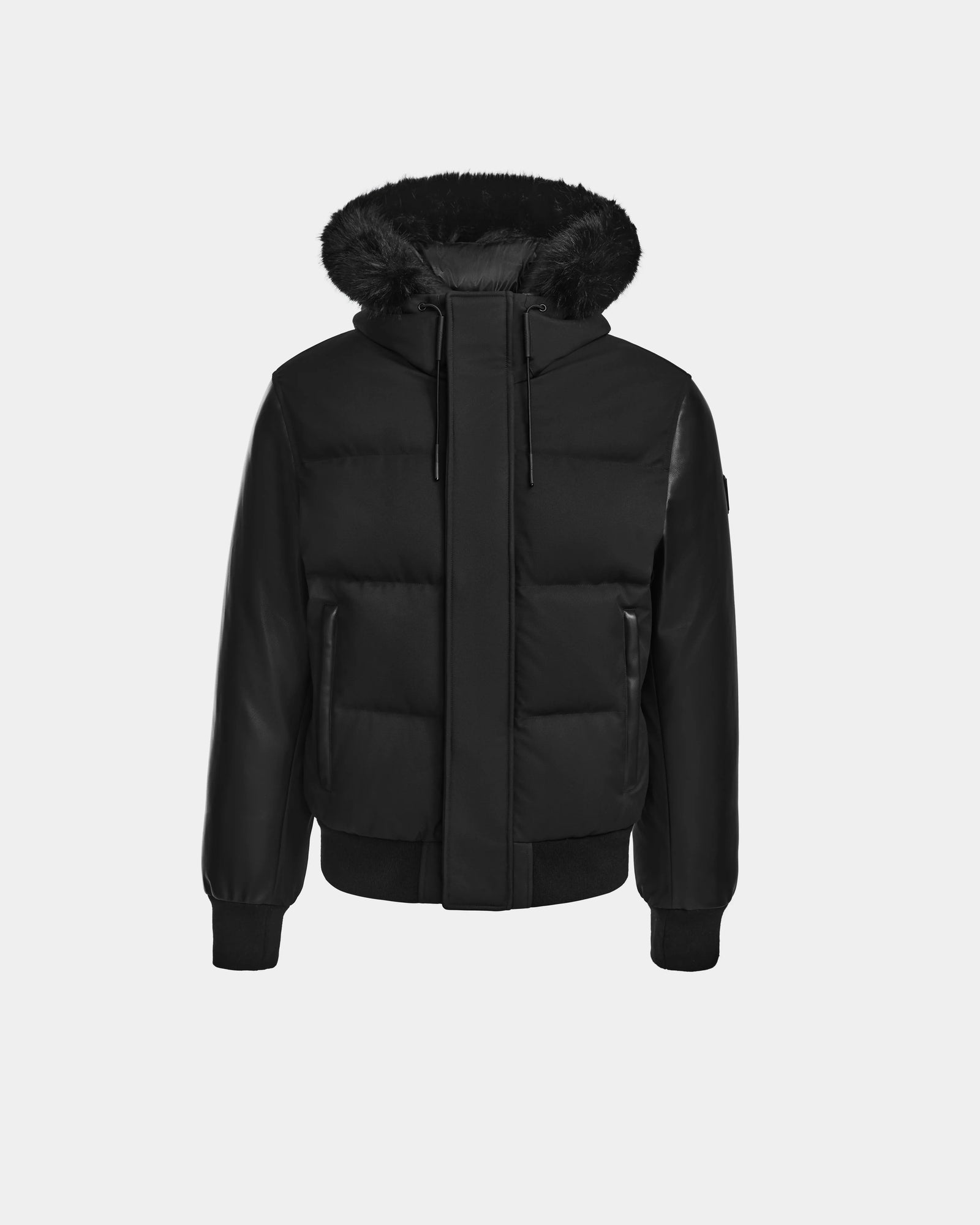 The Rudsak DALLAS R - M123501 BLACK men's black quilted down bomber features recycled leather sleeves, a fur-lined hood, long sleeves, and ribbed cuffs and hem, shown on a plain white background.