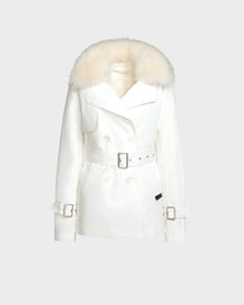 The ELENOR - 8124707 Iceland womens trench coat by Rudsak features a double-breasted design, wide belted waist, matching cuff belts, and a large shearling collar, shown against a plain light background.