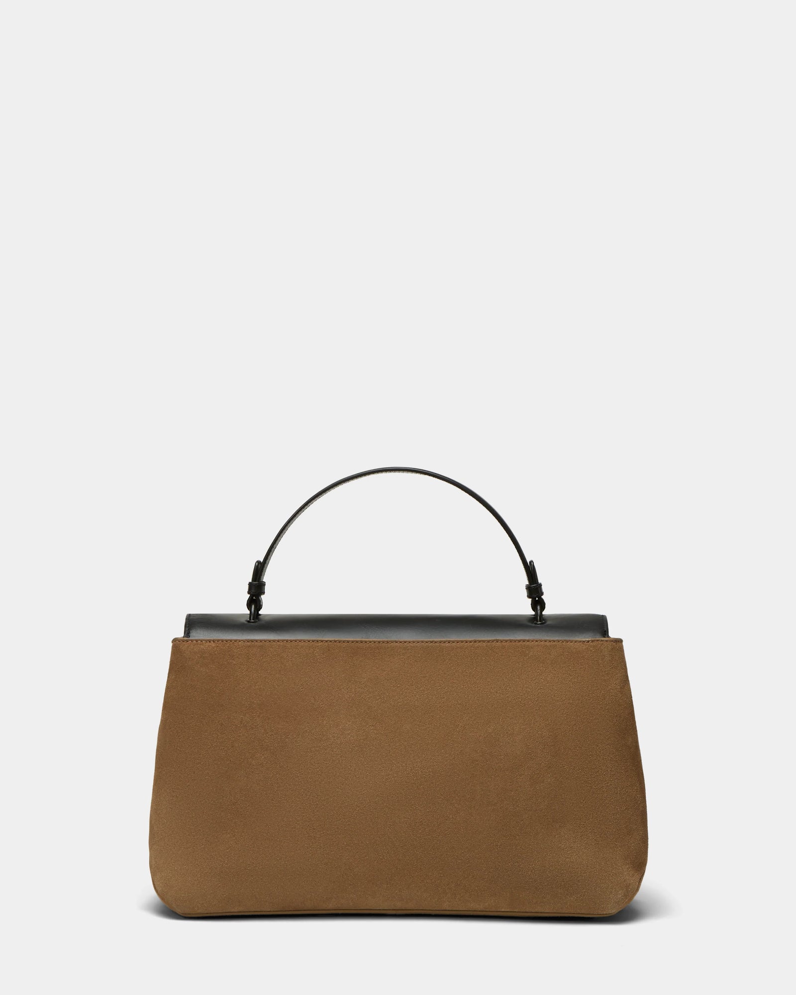 The Rudsak ESMA - 8324519 Camel is a brown suede leather handbag with a black leather top handle, black trim, and a removable shoulder strap, shown against a plain white background.