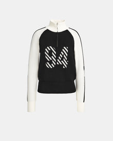 The FANNY - 8524506 Black by Rudsak is a women’s black and white knit pullover sweater featuring a front zip collar and bold 94 in striped text, with white sleeves and collar accented in black—ideal for winter layering.