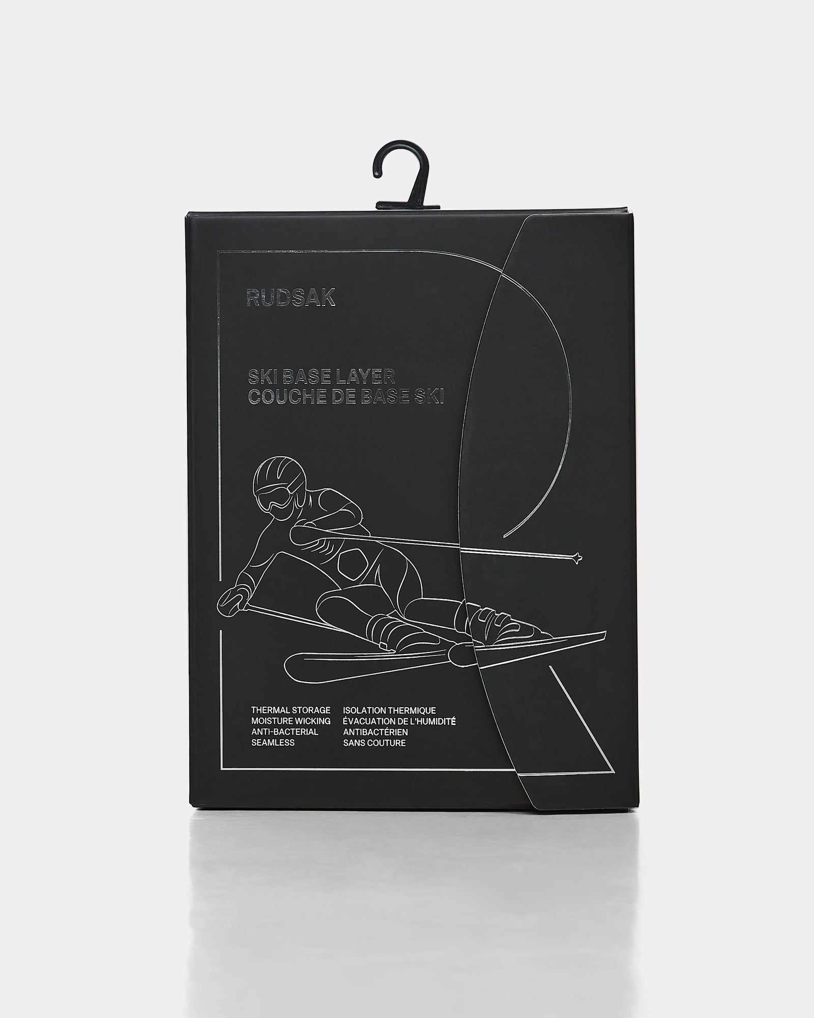 Black packaging with a minimalist white skier line drawing. The text reads Rudsak FRANC - 6524541 Iceland, highlighting its function as a stretch base layer—ideal men’s thermal underwear for moisture control and warmth.