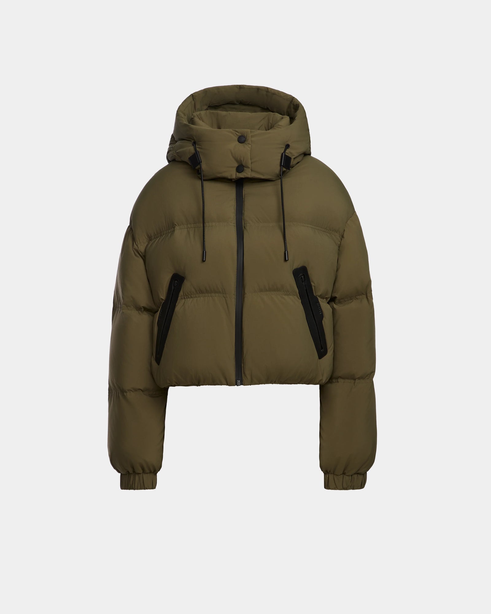 Rudsak KARLEE - 8124721 Loden Green: Womens olive green cropped puffer jacket with hood, RDS-certified down fill, front zipper, two diagonal zippered pockets, and elastic cuffs. Shown on a plain white background.