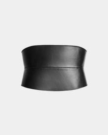 The Rudsak LEA - 8424519 Black is a women’s wide belt made from smooth black leather with a stretch back waist, shown on a plain light gray background.