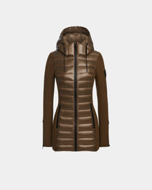 The Rudsak MARRY - L121003 Light Olive women’s puffer jacket features a quilted front and sleeves, two front waterproof zippered pockets, and a central zipper, shown on a plain white background.