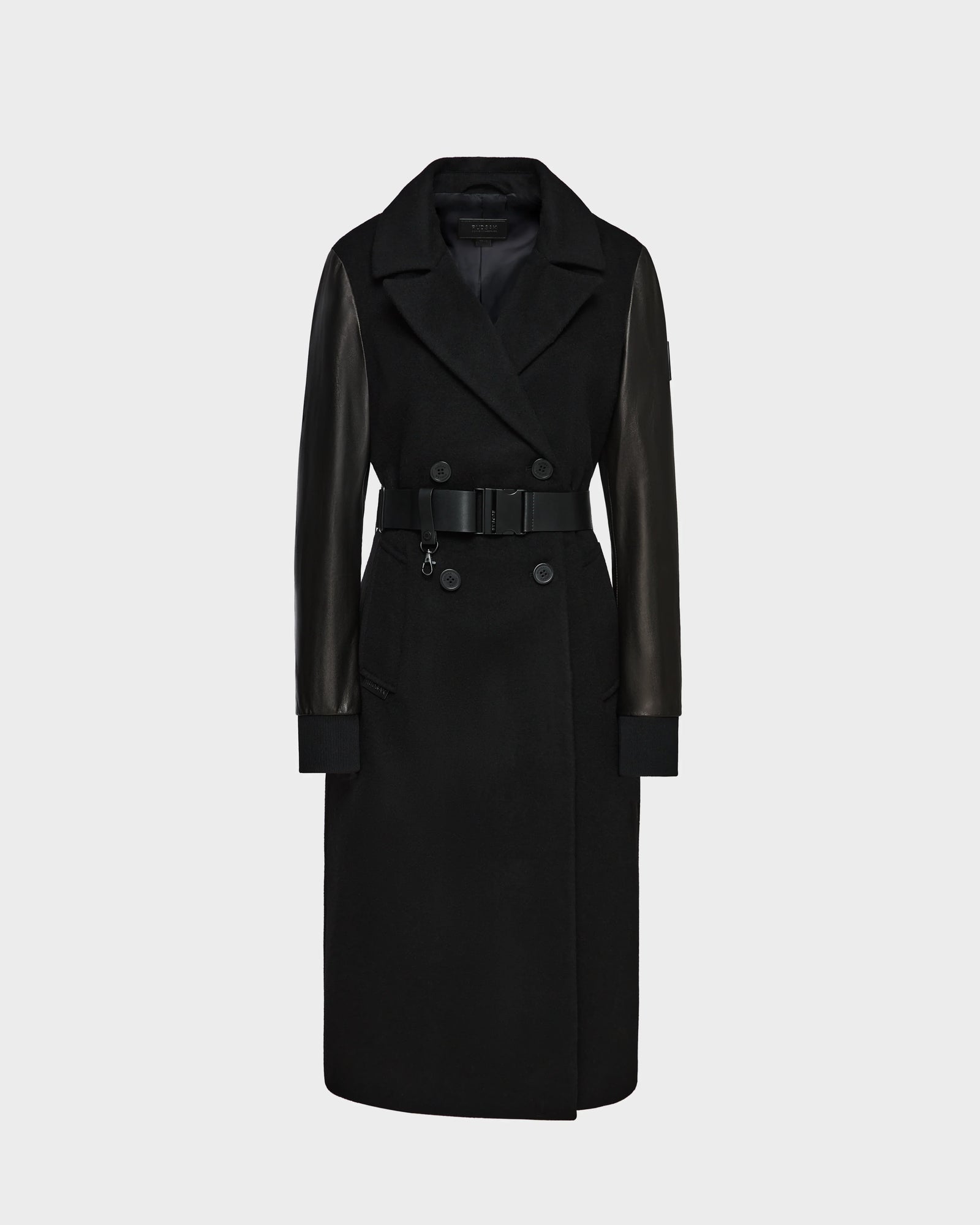 The Rudsak MARYLIN - 8124520 Black womens wool coat has a long double-breasted design, wide collar, belted waist, and leather sleeves, shown on a plain light gray background.