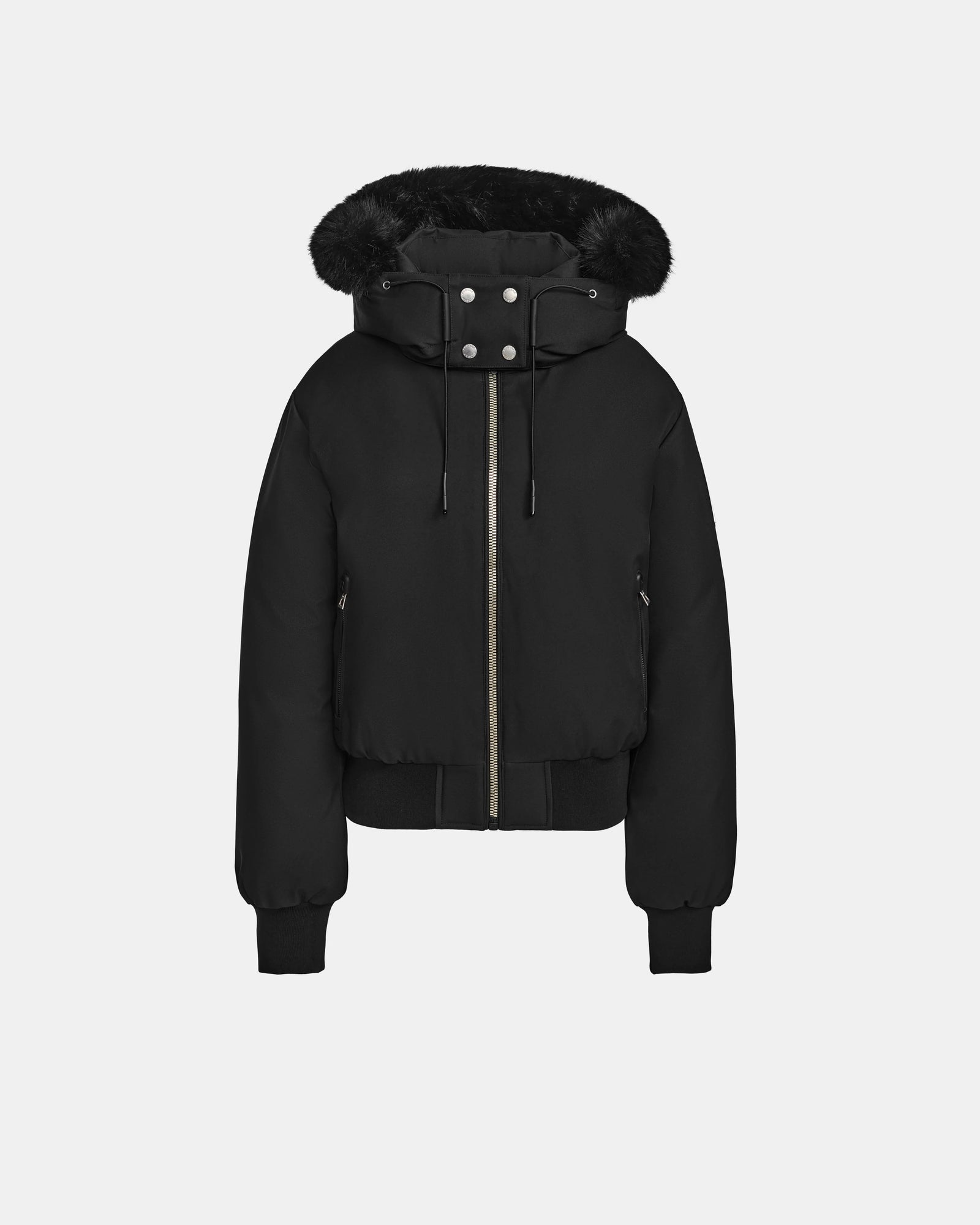 The Rudsak MAUDE - L124522 Black/Black women's down bomber jacket features a zipper front, fur-trimmed hood, snap buttons, ribbed cuffs and waistband, and two zippered side pockets. Shown on a plain white background.
