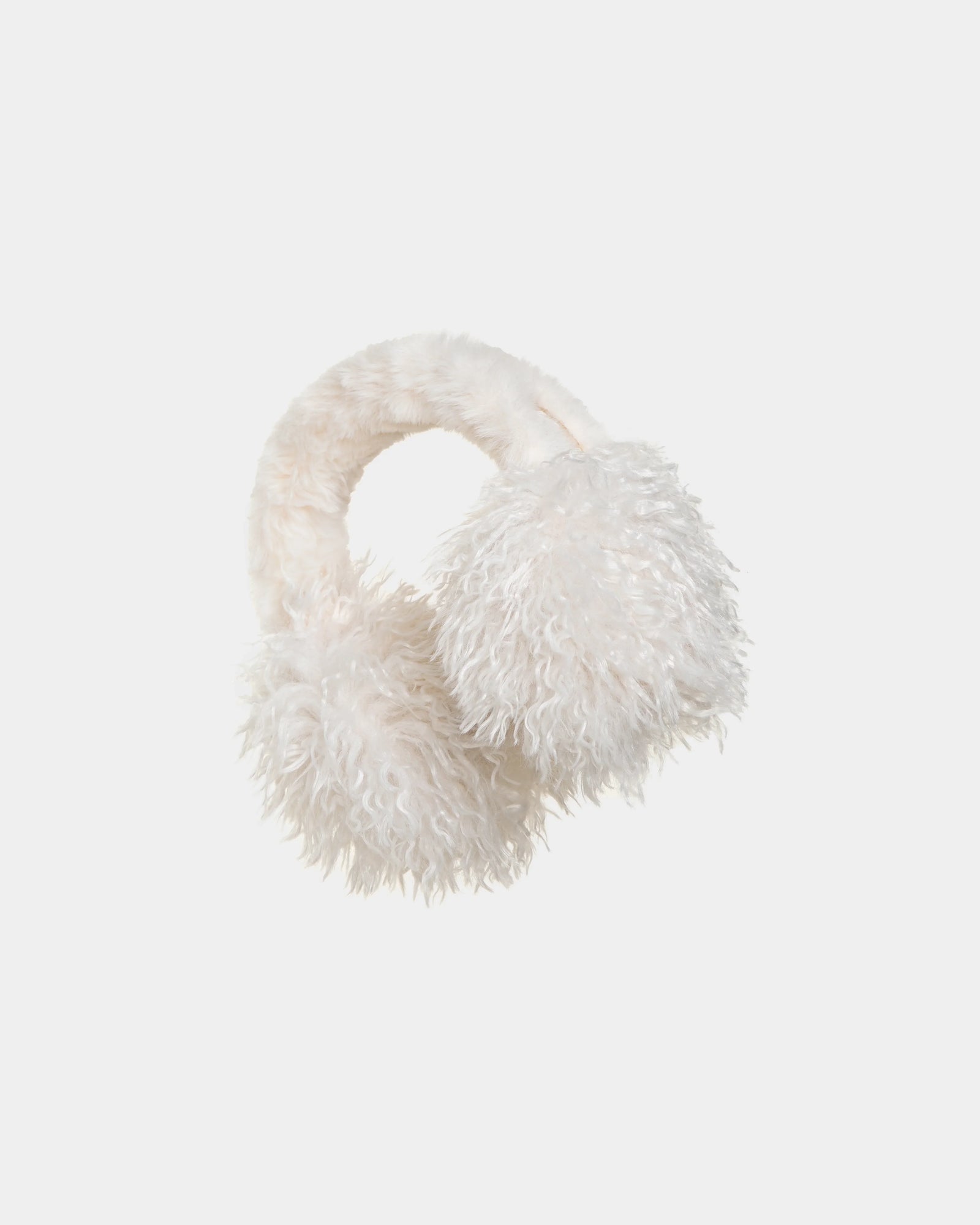 The Rudsak MUFF M - 8424515 Iceland earmuffs feature chic, fluffy faux Mongolian fur with a wide headband and round, shaggy ear covers, shown on a plain white background.