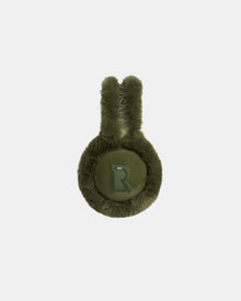 Stay warm in style with the Rudsak MUFF - 8422503 Loden Green earmuffs, featuring faux fur, playful upright bunny ear shapes, and a shiny circular patch embossed with the letter R—a cozy winter must-have.