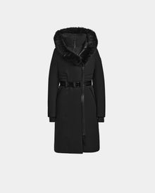 The Rudsak MUSA - L124534 Black is a womens long down puffer with an RDS-certified down fill, fur-trimmed hood, front zipper, and belted waist, shown against a plain white background.