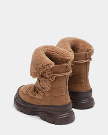 The ROKI - 8224533 Camel by Rudsak are womens winter ankle boots in brown suede with thick dark rubber soles, faux shearling lining, lace-up fronts, and back zippers, shown from the rear against a light background.