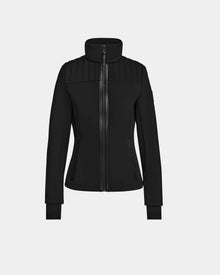The ROSALIE - 8124784 Black by Rudsak is a fitted ski jacket featuring a high collar, quilted shoulders, long sleeves, and a full front zipper, showcased against a light gray background.