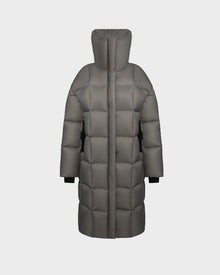 The Rudsak SASH - 8124536 Light Grey is a womens long down puffer coat with large quilted sections, a high collar, and black inner cuffs, displayed on a white background. This stylish winter coat offers exceptional warmth and comfort.