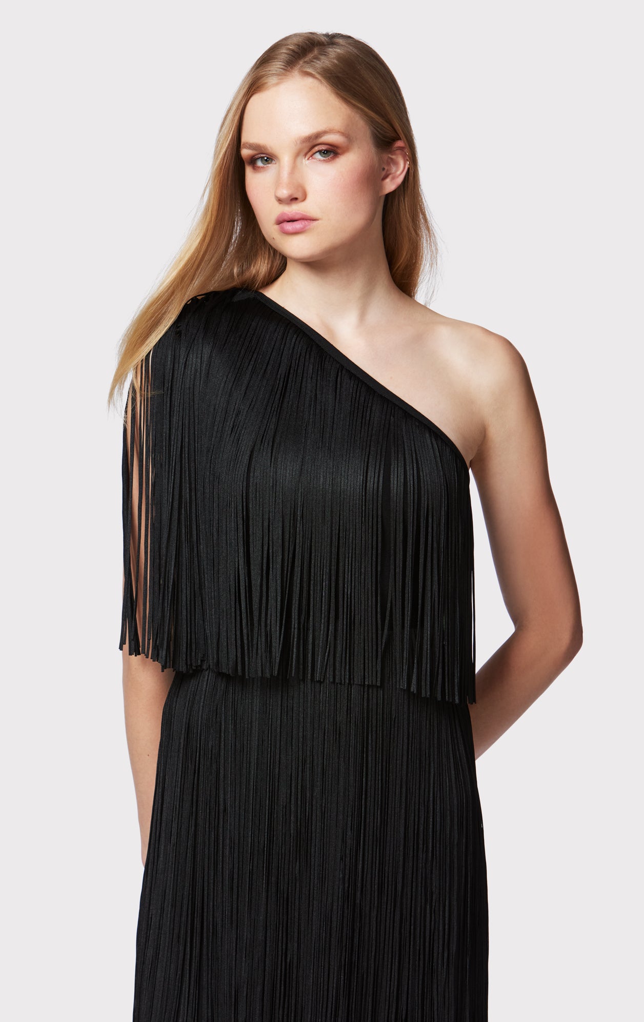 One Shoulder Mini Fringe Dress | Black