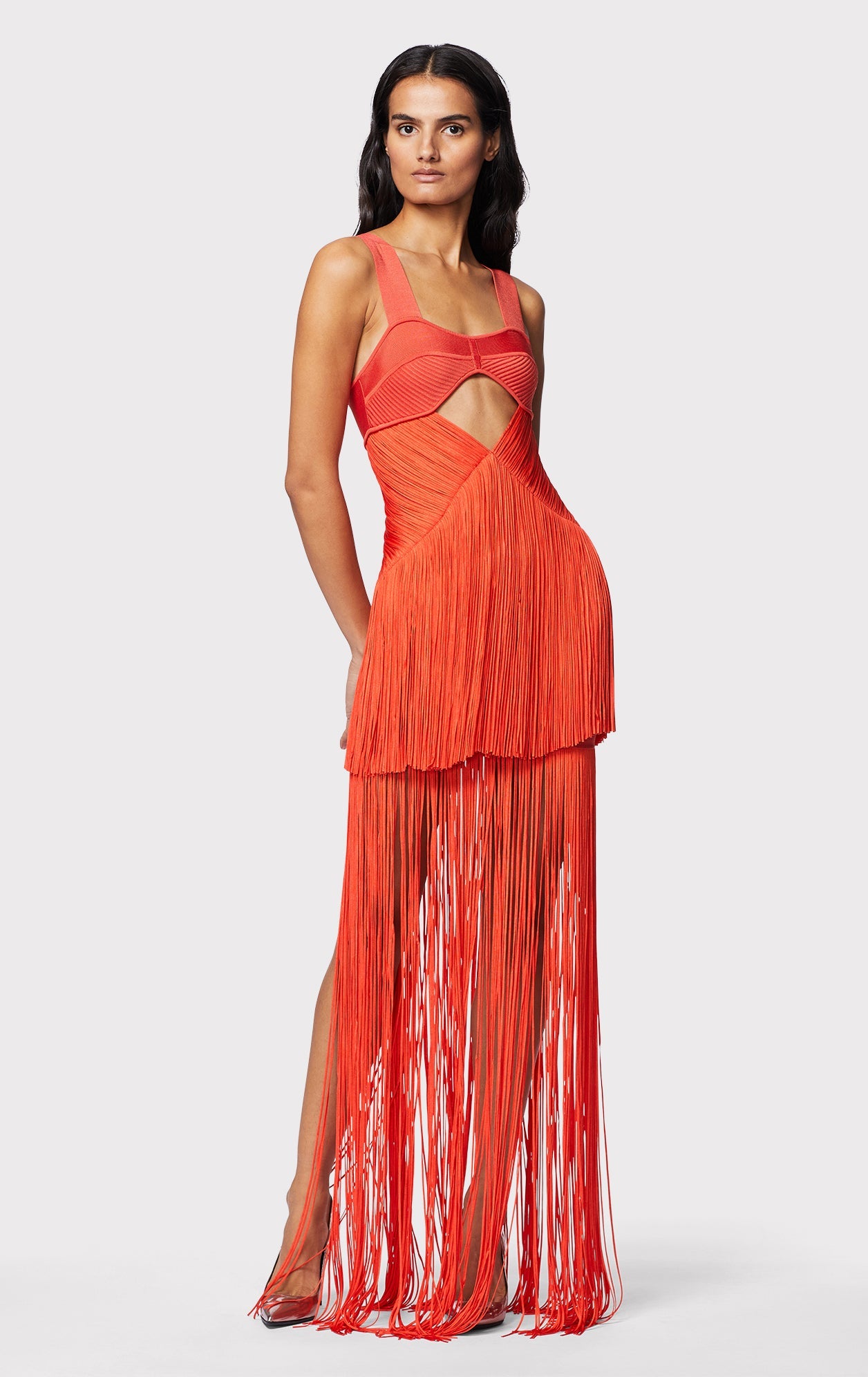 Draped Fringe Cut Out Gown | Flame