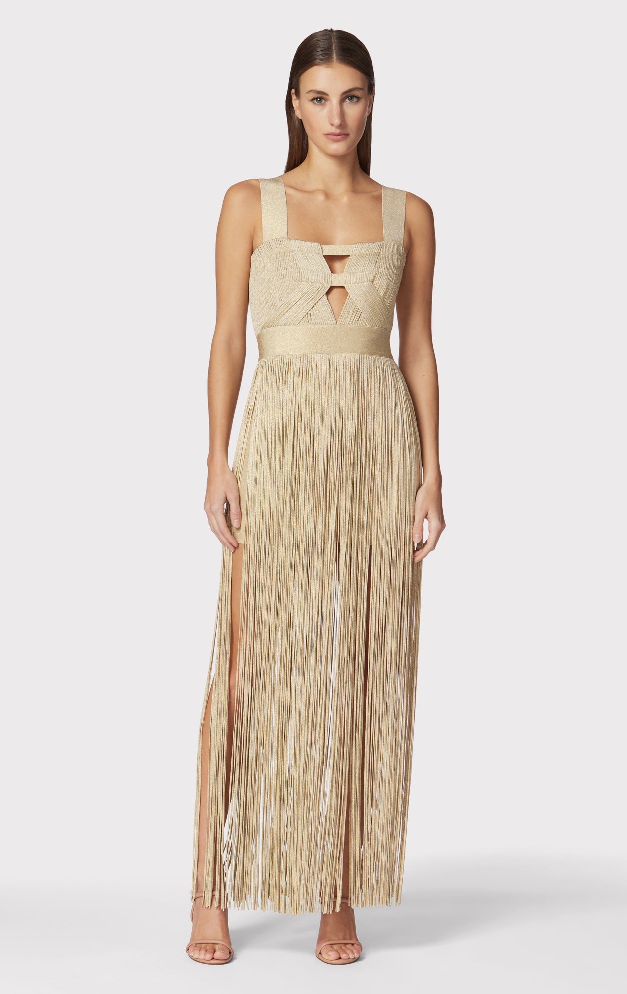 Contour Bust Metallic Fringe Gown | Metallic Gold