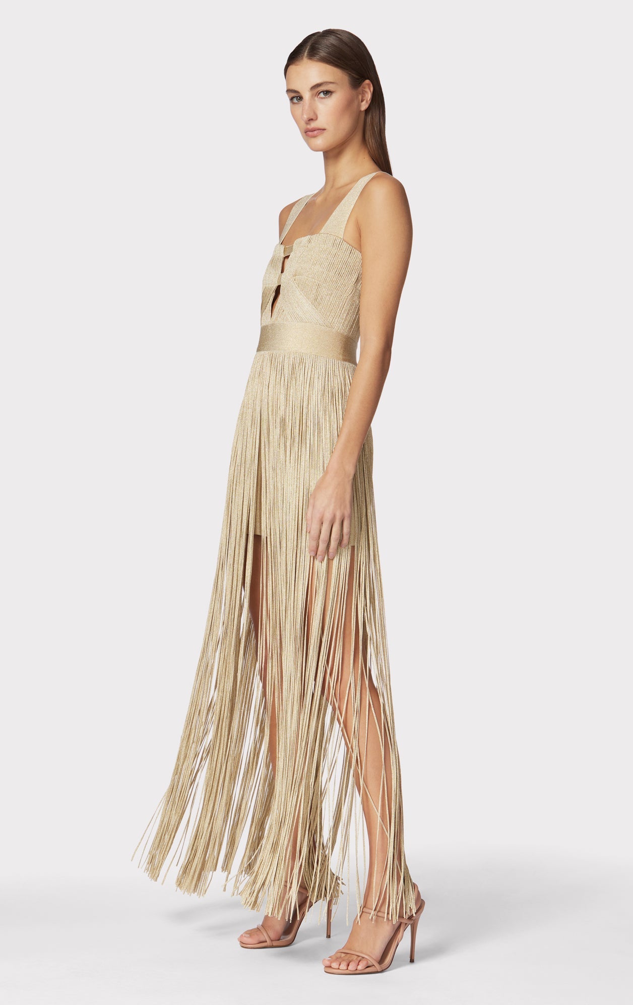 Contour Bust Metallic Fringe Gown | Metallic Gold