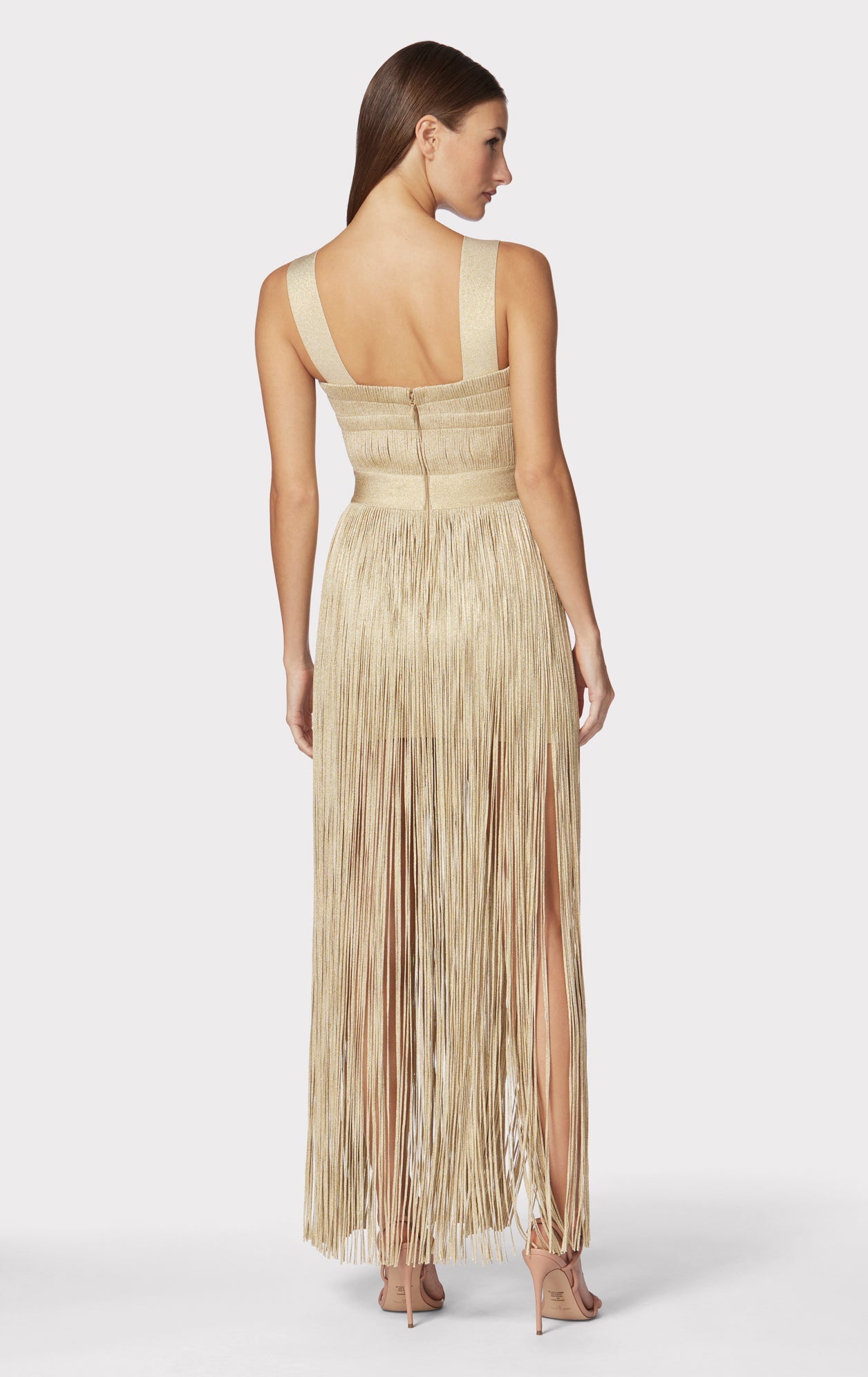 Contour Bust Metallic Fringe Gown | Metallic Gold