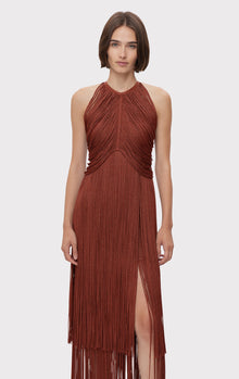 Metallic Draped Fringe Halter Gown | Metallic Redwood