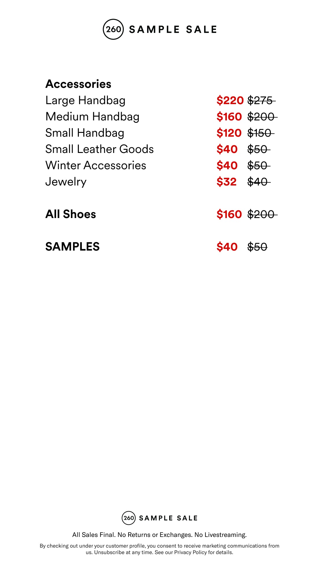 Price table