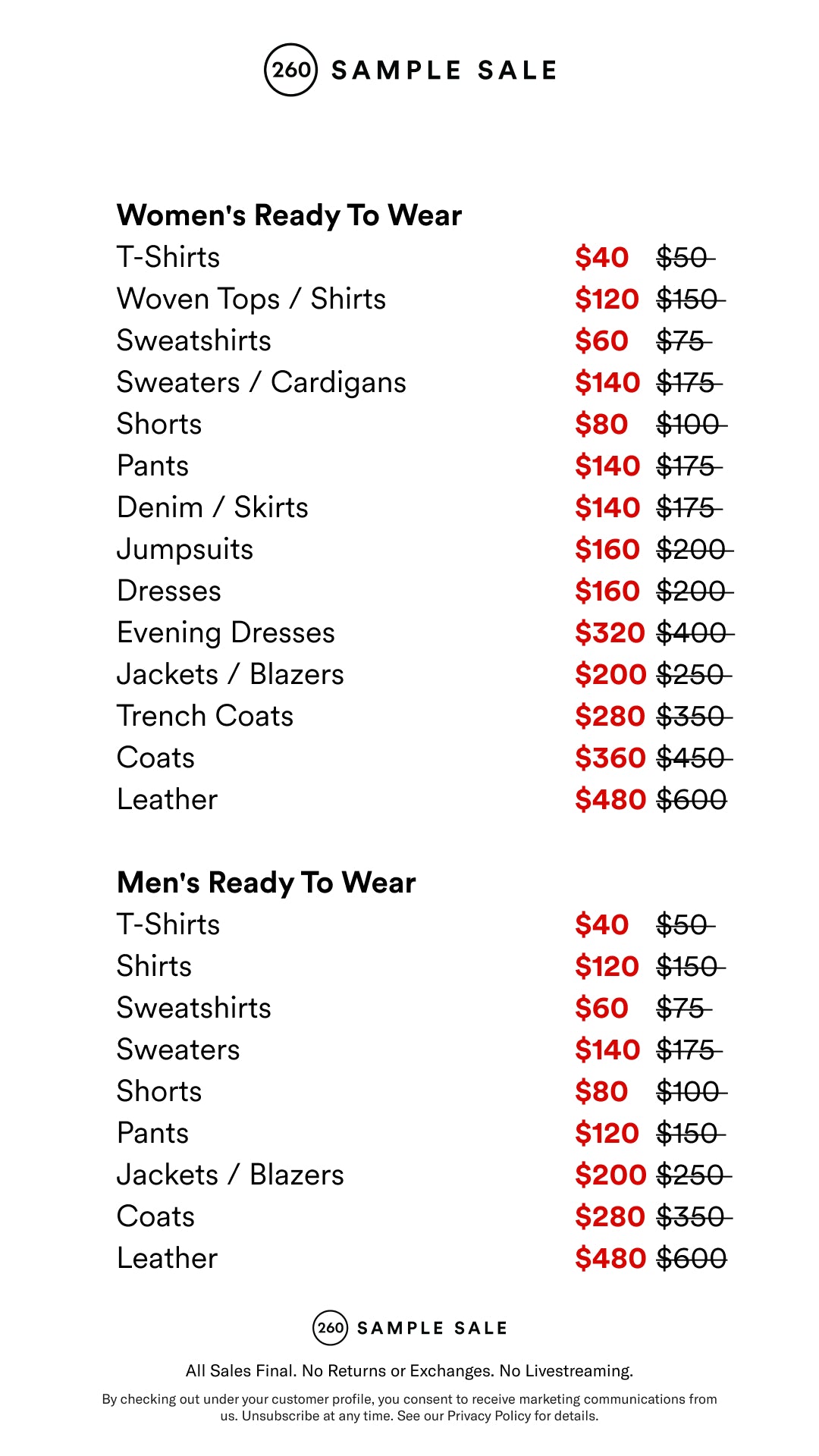 Price table