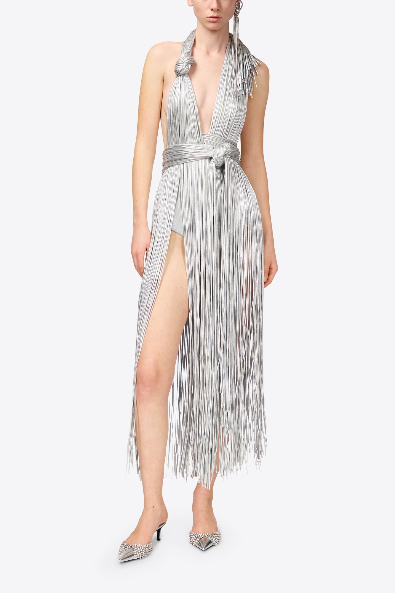 Metallic Fringe Halter Midi Dress | Silver