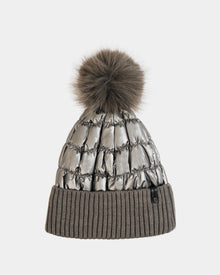 The Rudsak LANYA - L423514 Pewter winter hat features metallic silver quilting, a large brown pom-pom, and a wide ribbed gray knit cuff.