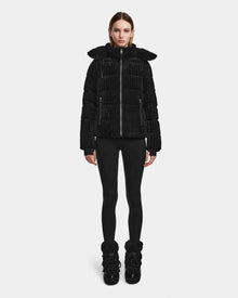 A woman faces forward wearing the MIRRY FF - L124507 Black women’s short down puffer jacket with a hood, black leggings, and black winter boots against a plain white background. The jacket features RDS-certified down for warmth and comfort.