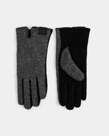 The OLGA - L425541 Grey women’s wool gloves by Rudsak, shown with one palm up and one down against a white background, feature soft, wool-like fabric in gray and black—an ideal accessory for cold weather.