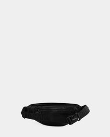 The RILONI L - U325002 Black by Rudsak is a unisex leather belt bag with a minimalist design, front zipper pocket, and adjustable strap, shown against a plain light gray background.