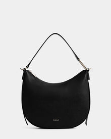 The Rudsak SYLVIA - L325515 Black is a chic women’s hobo shoulder bag, crafted in black leather with a crescent silhouette, single strap, gold-tone hardware, and the HUGS&K logo in gold at the bottom. Shown on a plain white background.
