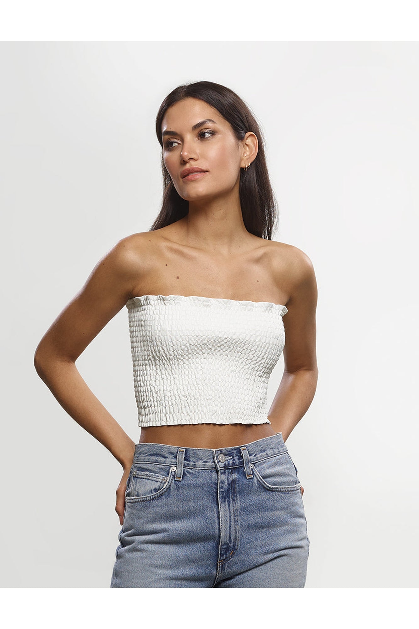 Faux Leather Smocked Tube Top | White