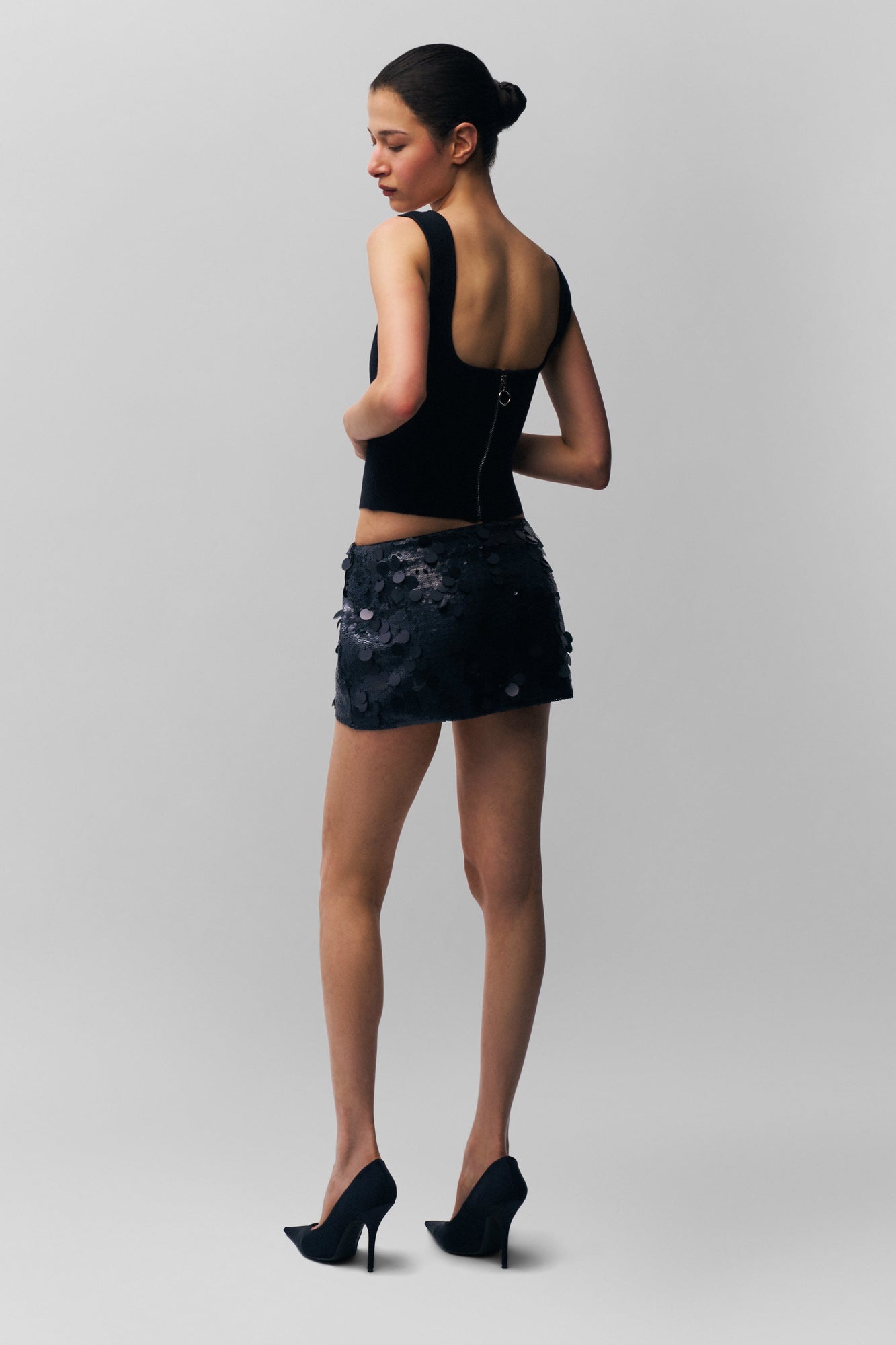 Womens | Low Rise Paillette Skirt | Matte Black