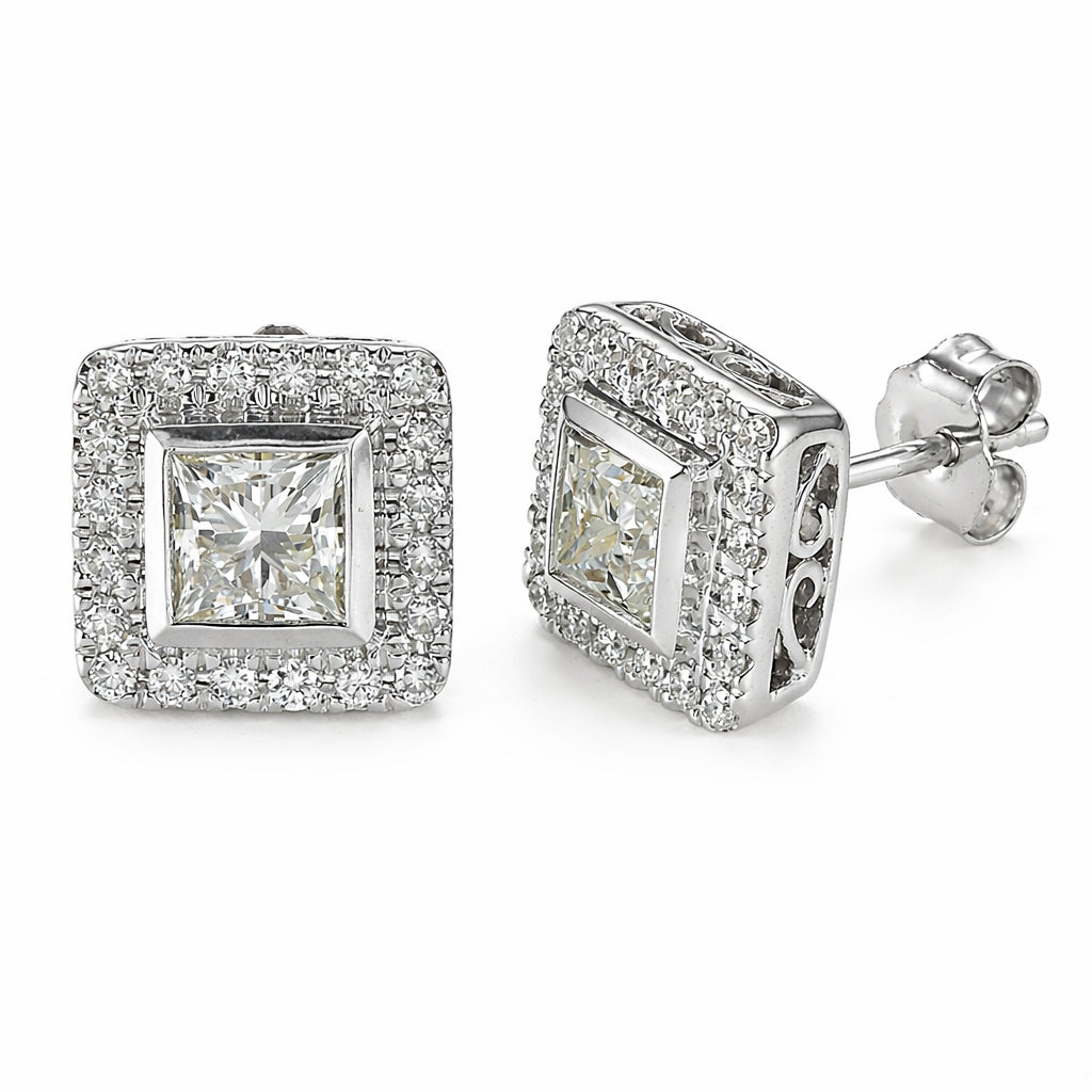 1.00 CT Princess/Round Natural Diamond | Stud Earrings | 14K White Gold | G Color | SI3-I1 Clarity