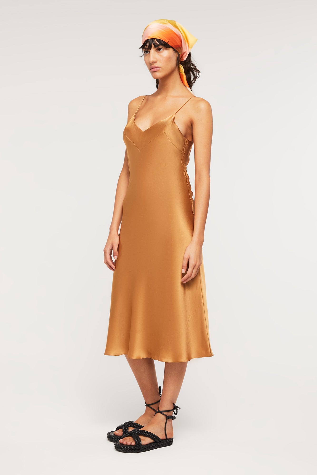 GINIA Silk V Neck Slip in Caramel 19 Momme Silk