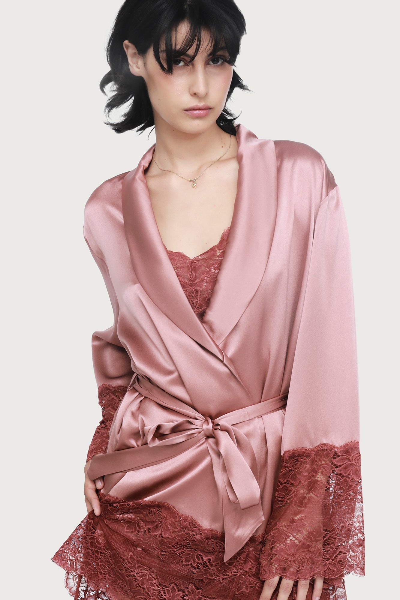 Silk Lace Robe by Ginia in Mauve