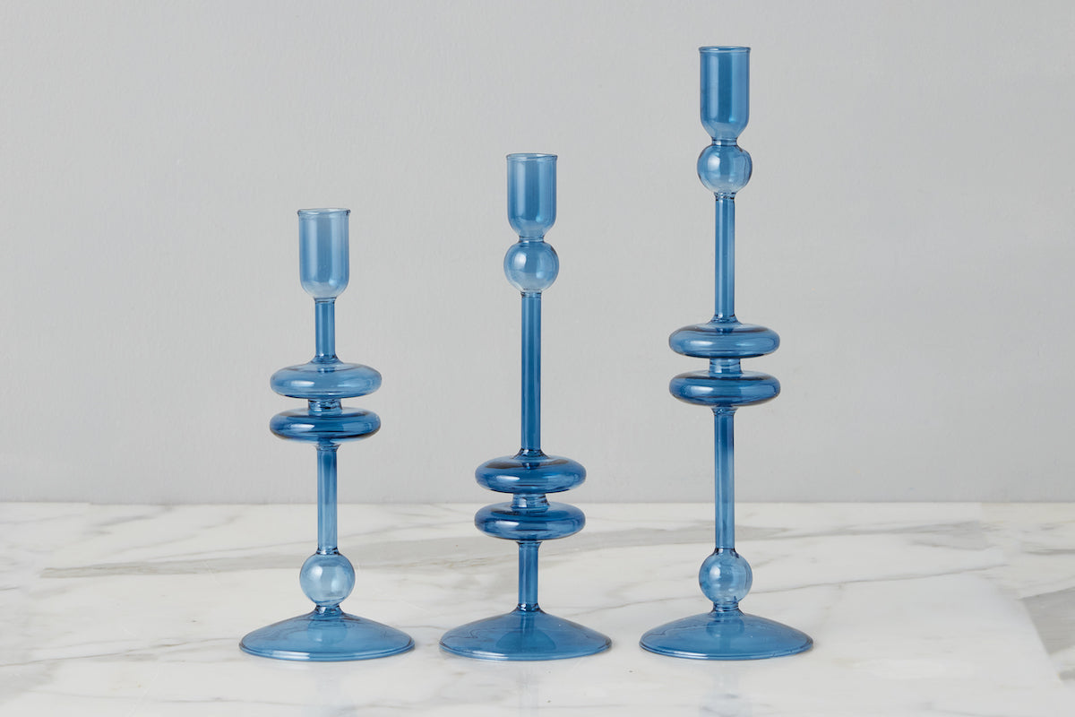 Glass Candlestick | Sapphire | Small | Set of 2