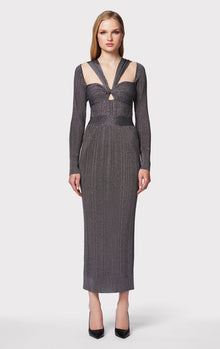 Variegated Rib Draped Metallic Gown | Metallic Gunmetal