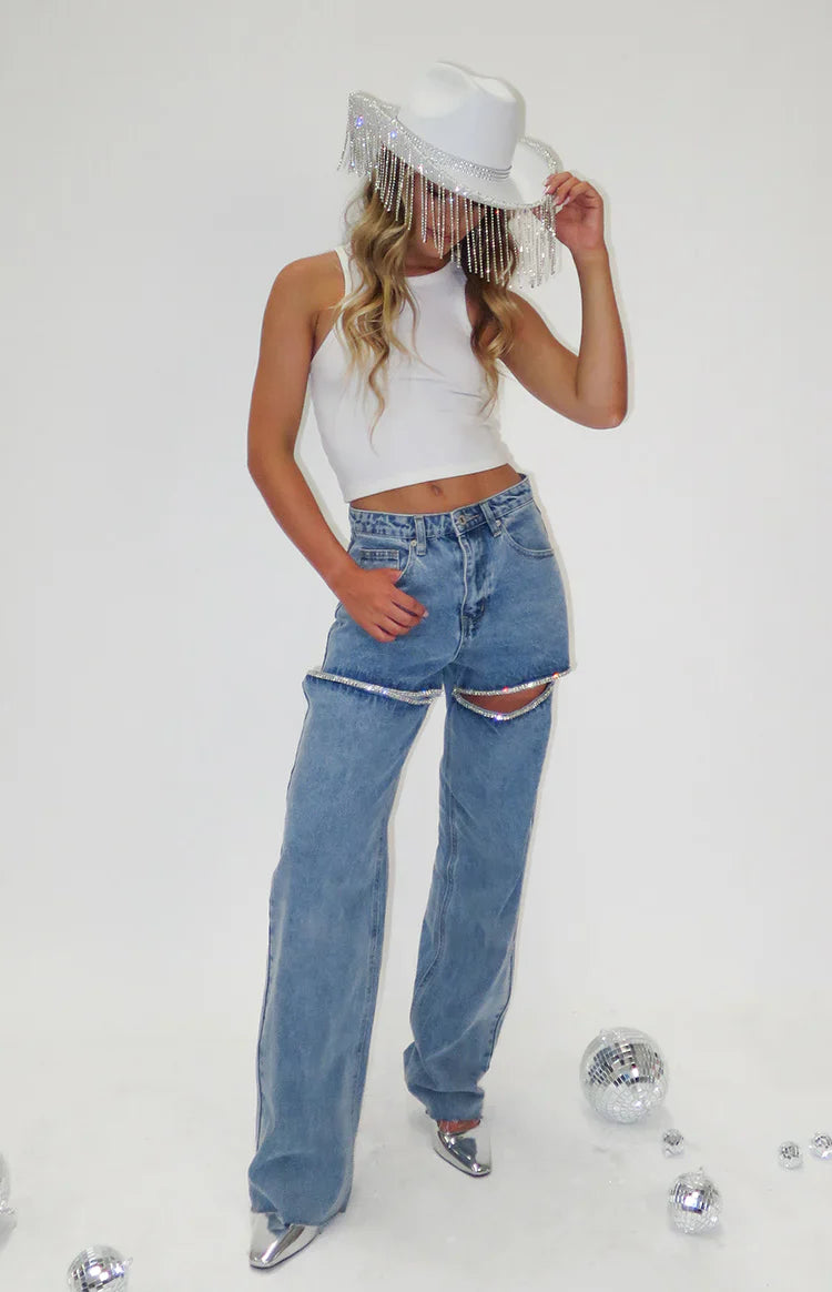 Gem Diamante Trim Wide Leg Jeans | Denim