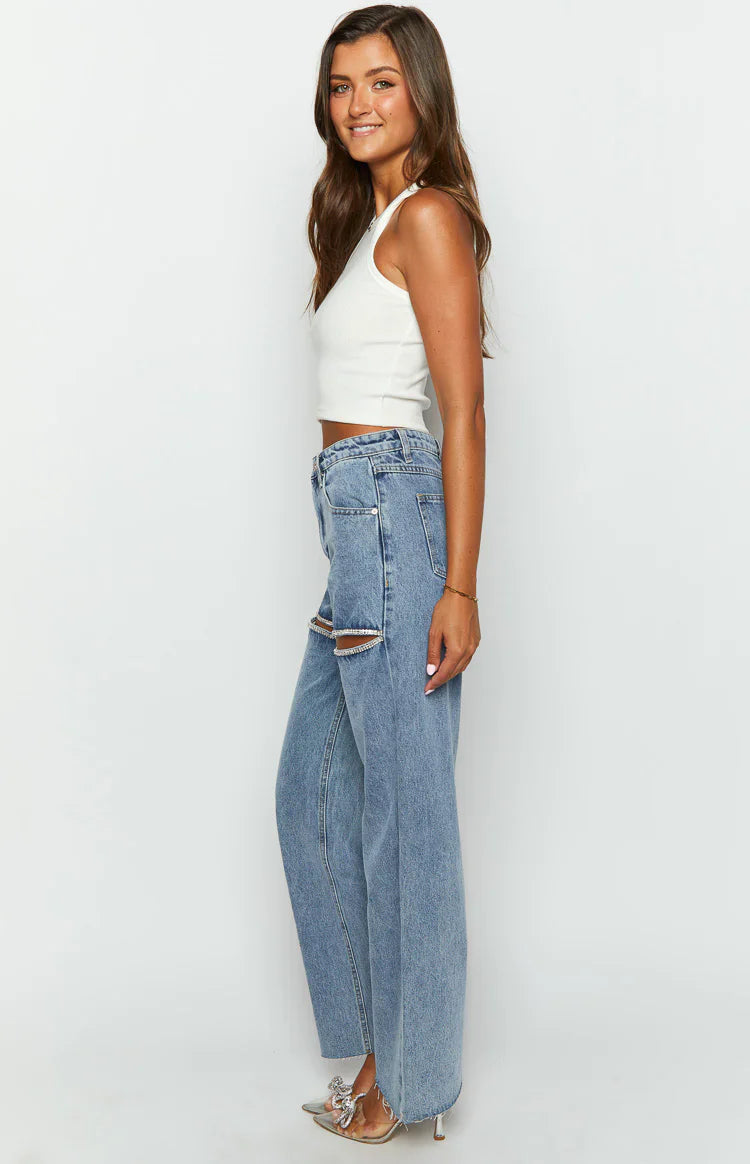 Gem Diamante Trim Wide Leg Jeans | Denim